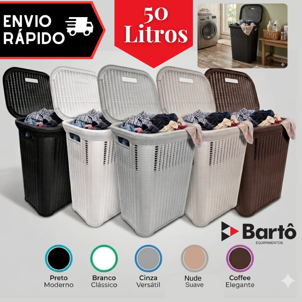 Cesto Telado Rattan 50 Litros Com Tampa Premium Varias Cores