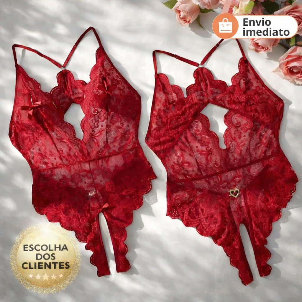 Conjunto Body De Renda Lingerie Feminina Com Abertura | Calcinha Cropped Sensual Com Pingente Coração Confortável |P M G