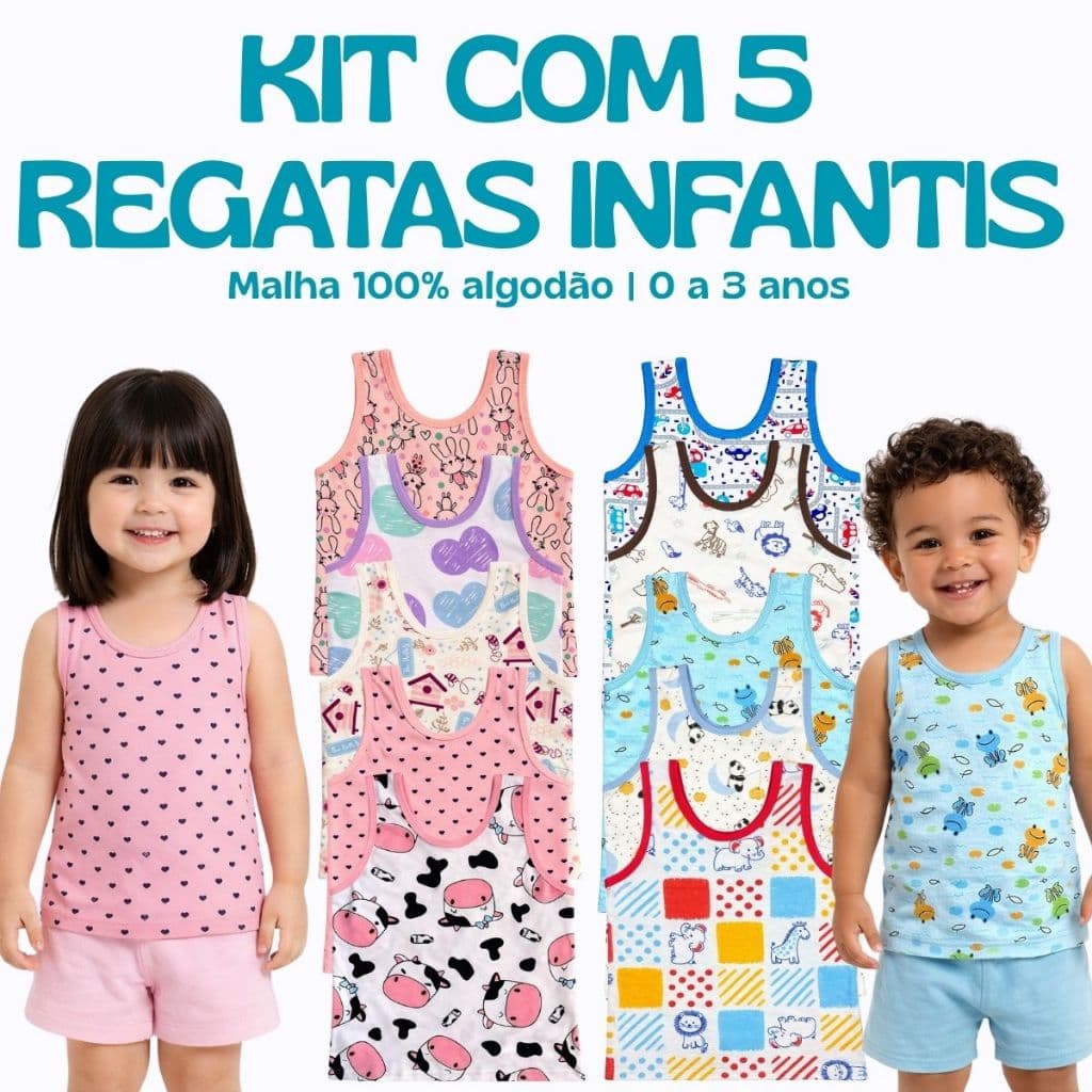 Kit 5 Camisetas Regatas Infantil e Bebê para Menino e Menina Estampadas de Algodão Para Calor De Verão Confortável