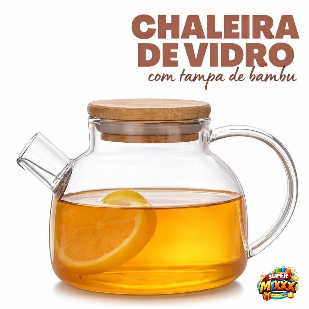Chaleira Vidro Tampa Bambu Borossilicato 1L com Infusor Inox  Resistente