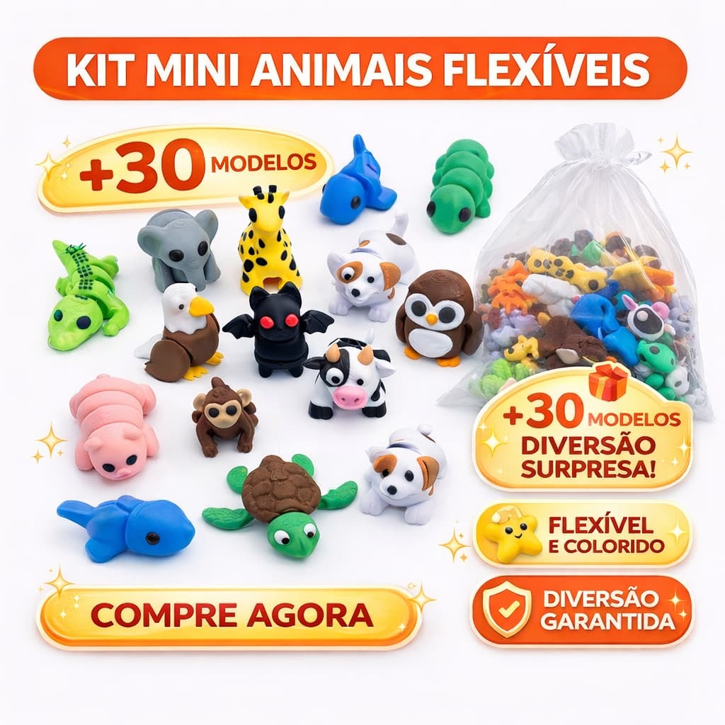 Kit Sortido - Mini Animais Flexíveis Articulados - Kit 6/12/16/24/32 unidades Bixinhos Chaveiro Fidget