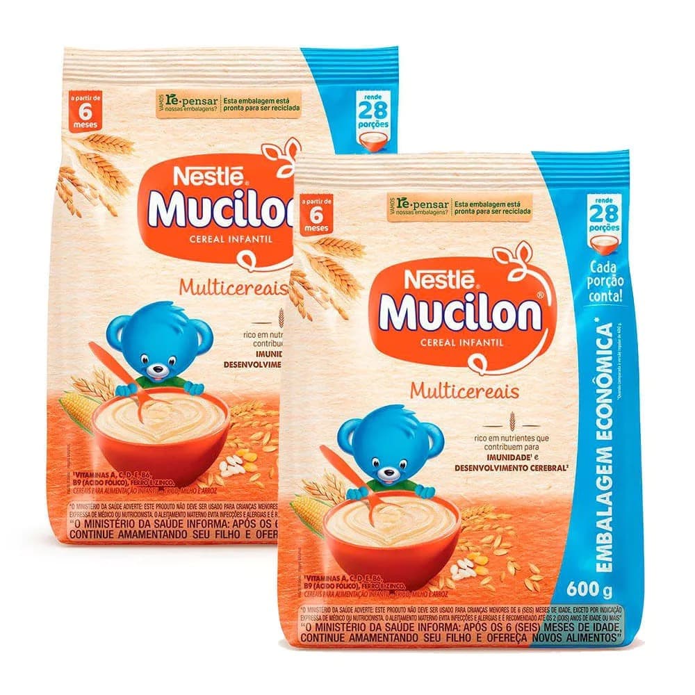 Kit 2x Mucilon Multicereais Nestlé 600g Cereal Infantil A partir de 6 Meses Total 1,2kg