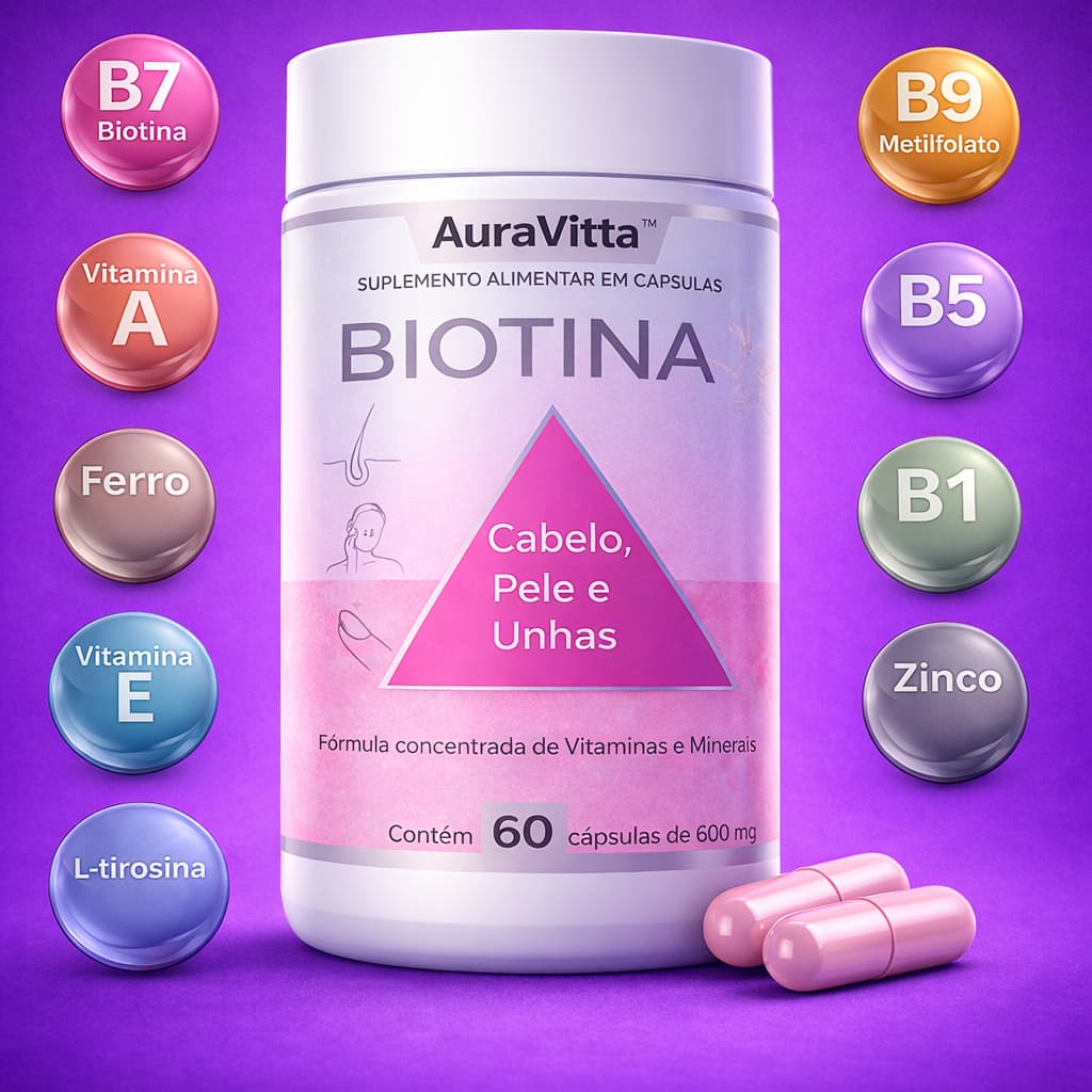Biotina Concentrada ( Vitaminas B1 B5 B7 B9 A e E Ferro, Zinco ) Suplementos para Cabelos Pele Unhas