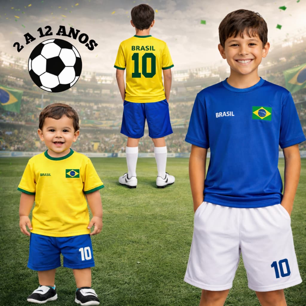 Conjunto Infantil do Brasil - Camiseta Infantil do Brasil + Bermuda Infantil do Brasil COPA