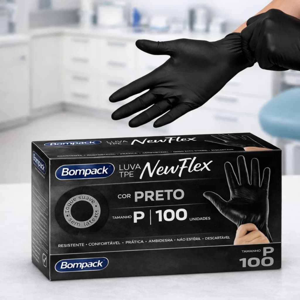 Luva Preta Sem Pó Bompack Tamanho P;M;G – 100 Unidades