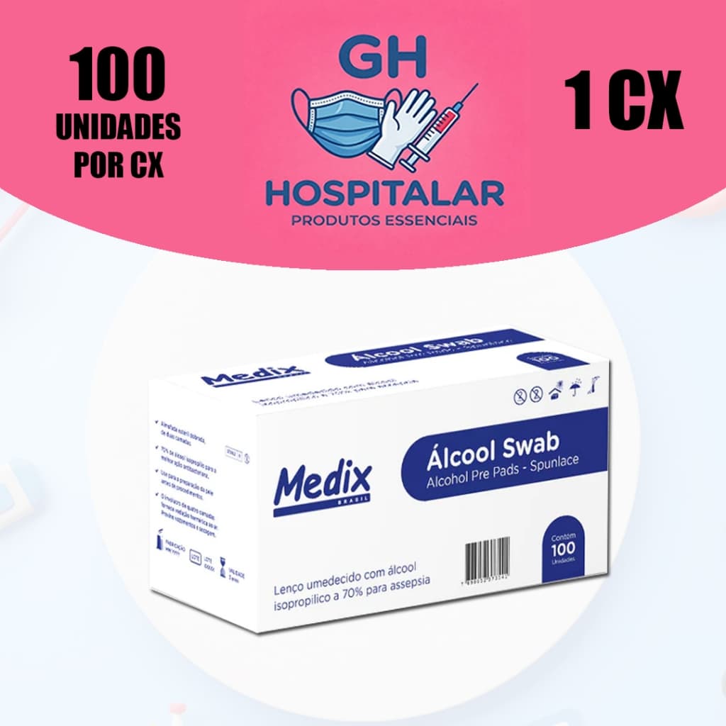Álcool Swabs 70% Lenços CX C/100UNI - MEDIX
