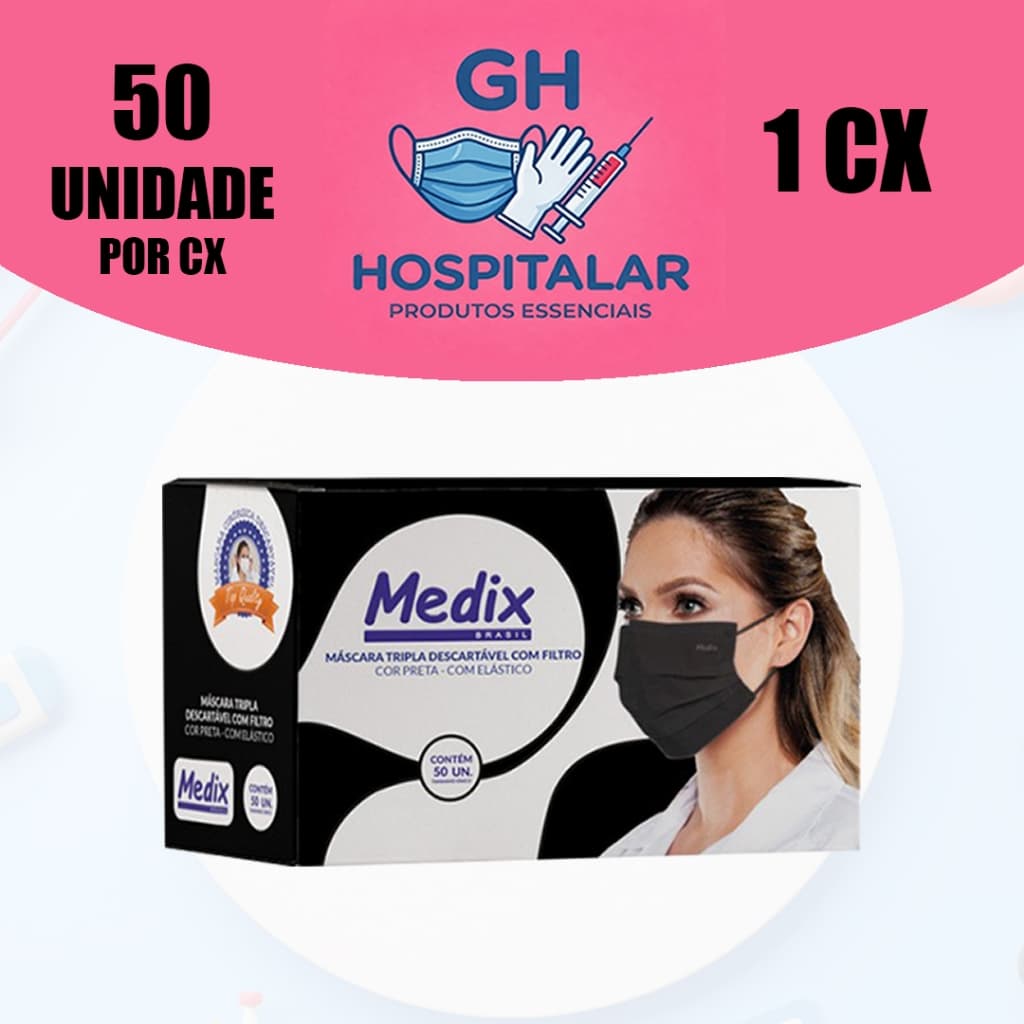 Máscara Descartável Tripla Camada C/elástico Caixa C/50 Pçs Preta
