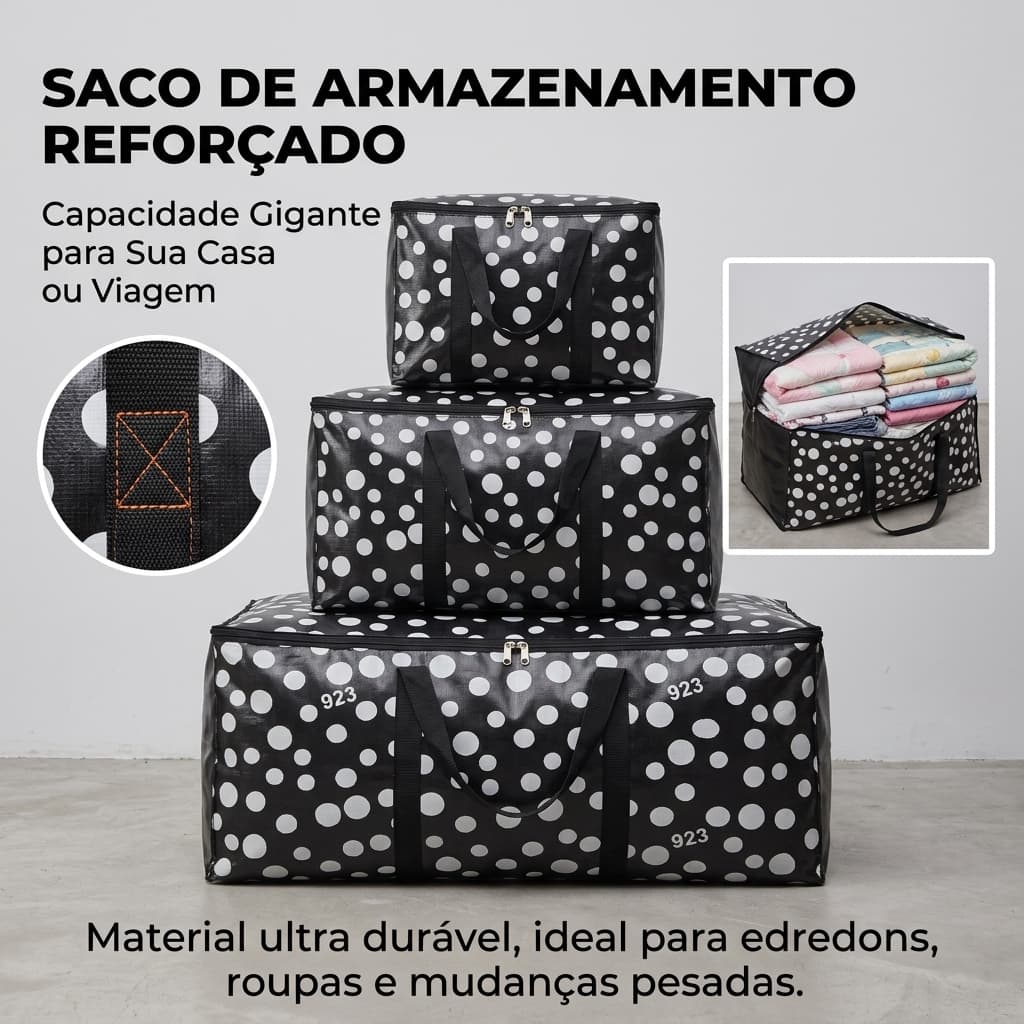 Kit 3 Sacolão Grande Reforçado com Zíper para Viagem, Compras, Mudanças e Organização - Cor Sortida