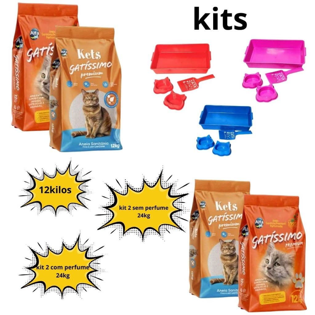 kit Areia Sanitária Higiênica Para Gatos Anti Odor Gatíssimo bandeja Pacote de 12kg