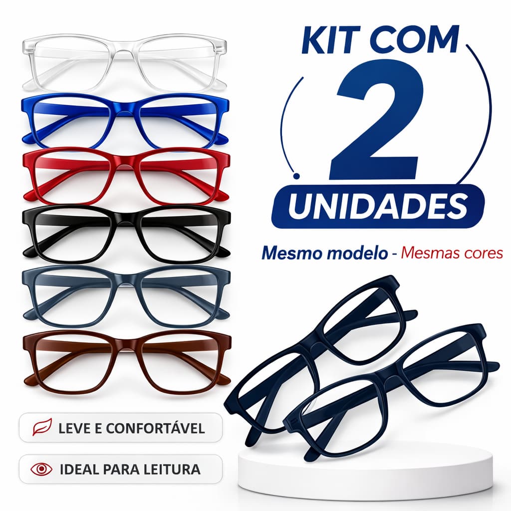 Kit com 2 Óculos de Grau Para Perto Leitura Presbiopia Celular - Unissex Leve Confortável 0.5 a 5.0 Escolha Cor