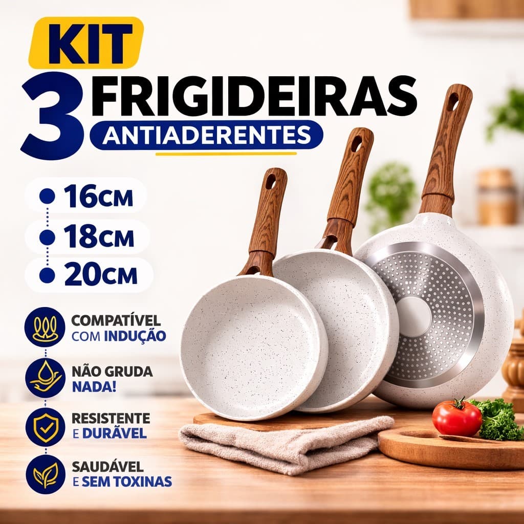 Kit 3/2/1 Frigideiras Indução Revestimento Cerâmico Branca ou preta Cabo Madeira Cozinha