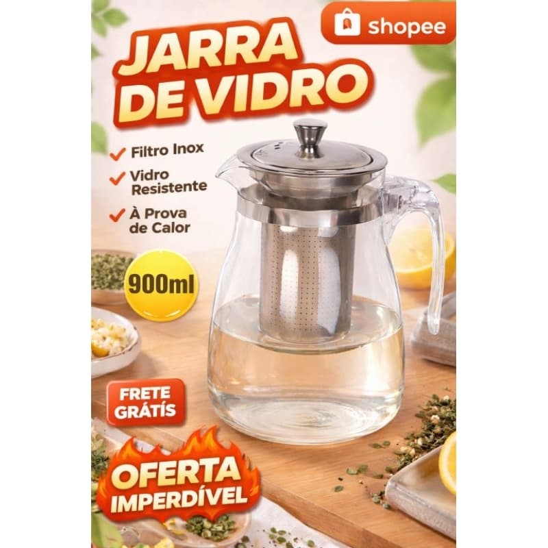 Jarra de Vidro 900ml com Infusor de Chá em Inox – Bule para Chá Café Ervas com Filtro