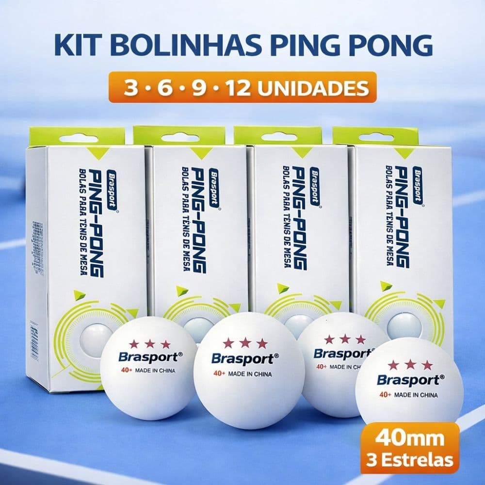 Bolinha Ping Pong 40mm 3 Estrelas Brasport 3 6 9 12 Unidades (Pacote com 3) Tamanho Oficial