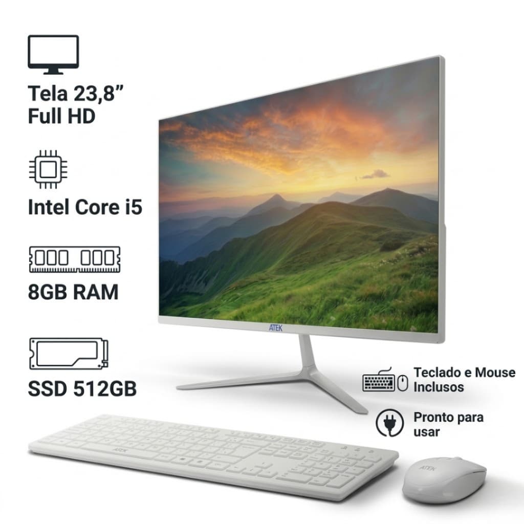 Computador All In One 23,8” Full HD i5 8GB SSD 512GB PC Completo com Teclado e Mouse