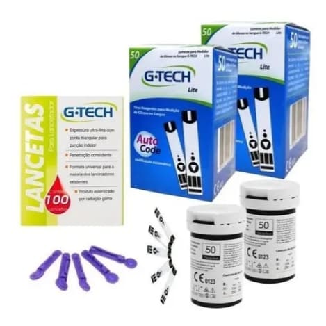 KIT 100 TIRAS DE MEDIR GLICOSE G TECH LITE + 100 LANCETAS G TECH