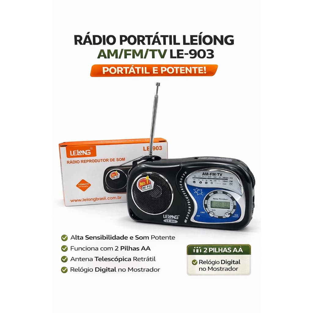 Rádio AM/FM Portátil Retro com Relógio LE-603 Lelong – Som Forte e Alta Sensibilidade