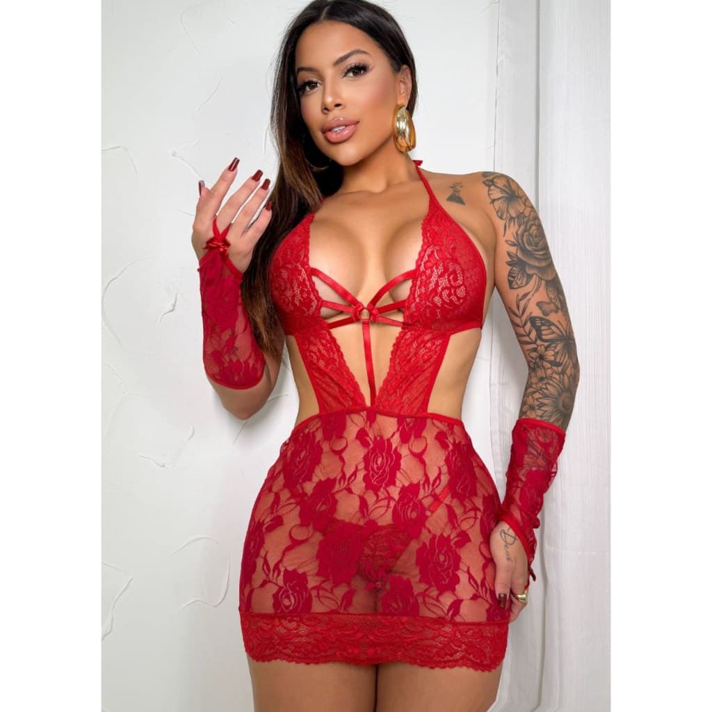 Camisola Sexy Transparente Sensual Com Calcinha e Luva em renda