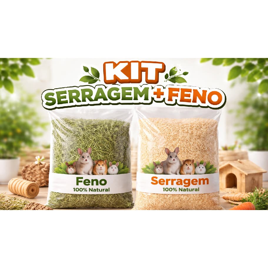 Kit Feno e Serragem De Pinus Para Roedores, Coelhos, Hamsters, Aves e Pequenos Animais