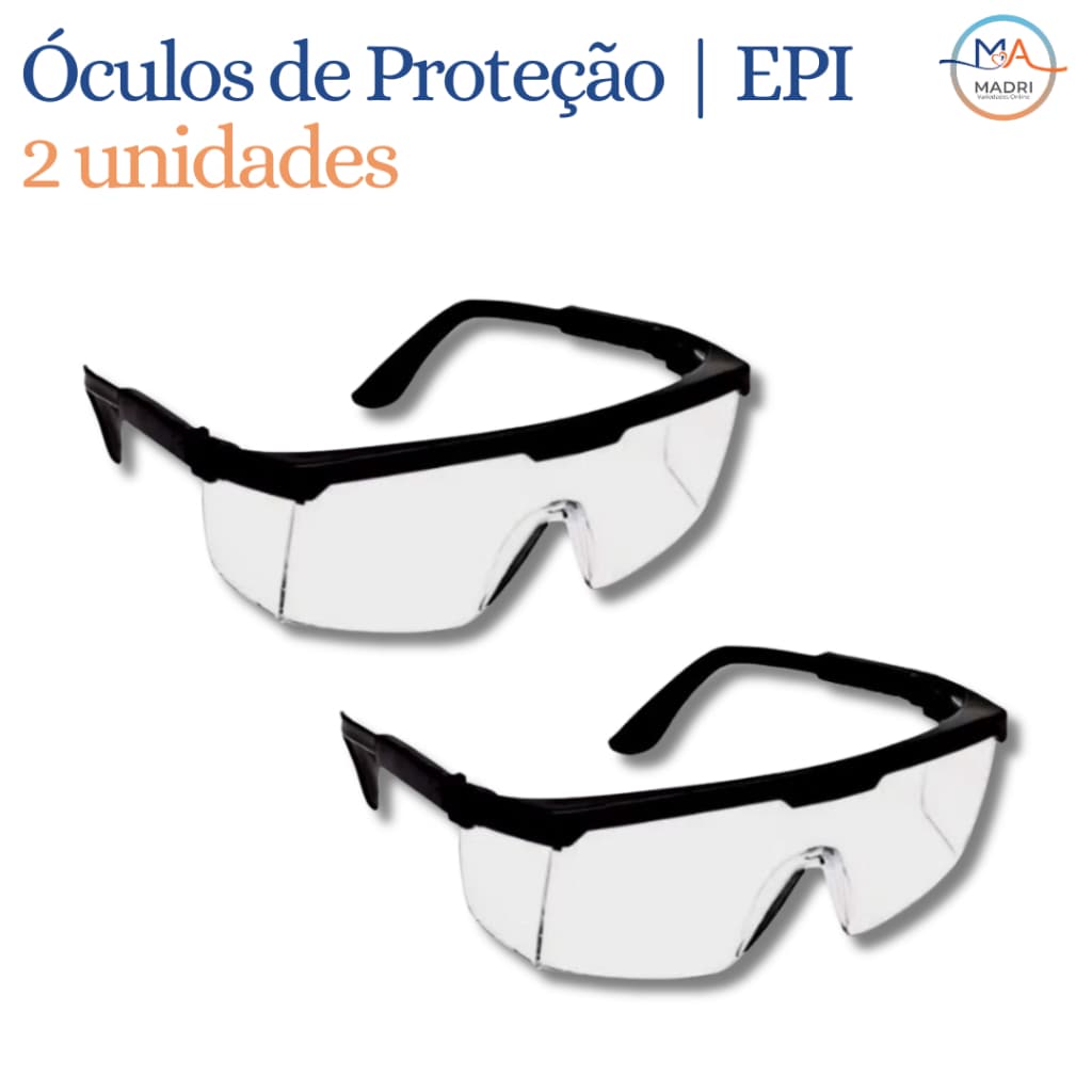 2 Óculos de Proteção | Modelo Quadrado Transparente c/ Hastes Ajustáveis - EPI