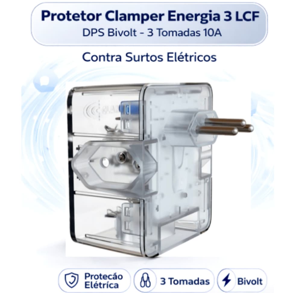 Protetor Clamper Energia 3 LCF DPS Bivolt 3 Tomadas 10A Contra Surtos Elétricos