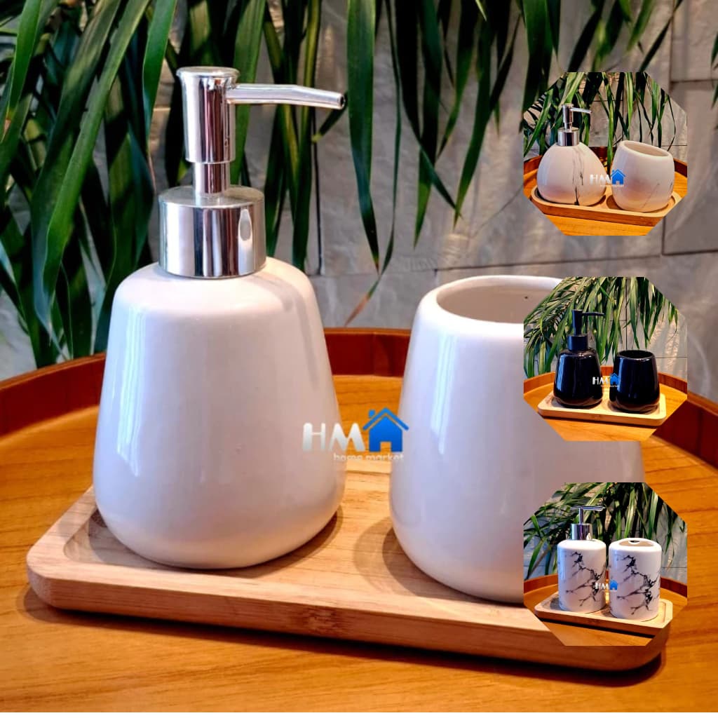 Kit Banheiro Lavabo 2 Peças + Bandeja de Bambu Porta Sabonete Líquido Suporte p/Escovas Em Cerâmica