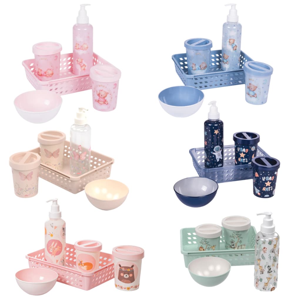 Kit Higiene Bebê 5 peças Plasutil Baby Urso Trama Organizador Infantil Porta Algodão Menino Menina