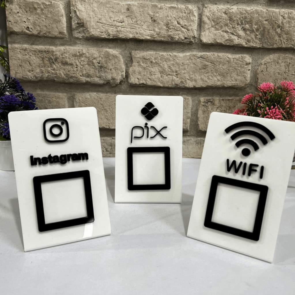 Placas suporte Qrcode pix Instagram Wifi suporte de mesa ou balcão