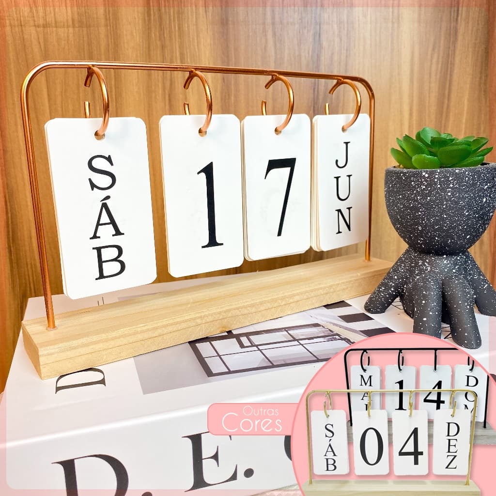 Calendário Permanente com Plaquinhas Design Moderno em Ferro e Madeira – Cores Preto, Rose e Dourado