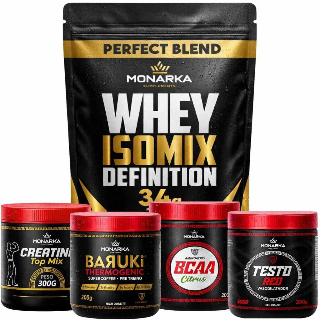 Kit Whey Protein 1kg + Creatina TopMix 300g + BCAA 200g + Testo 200g + Pre Treino Baruki 200g