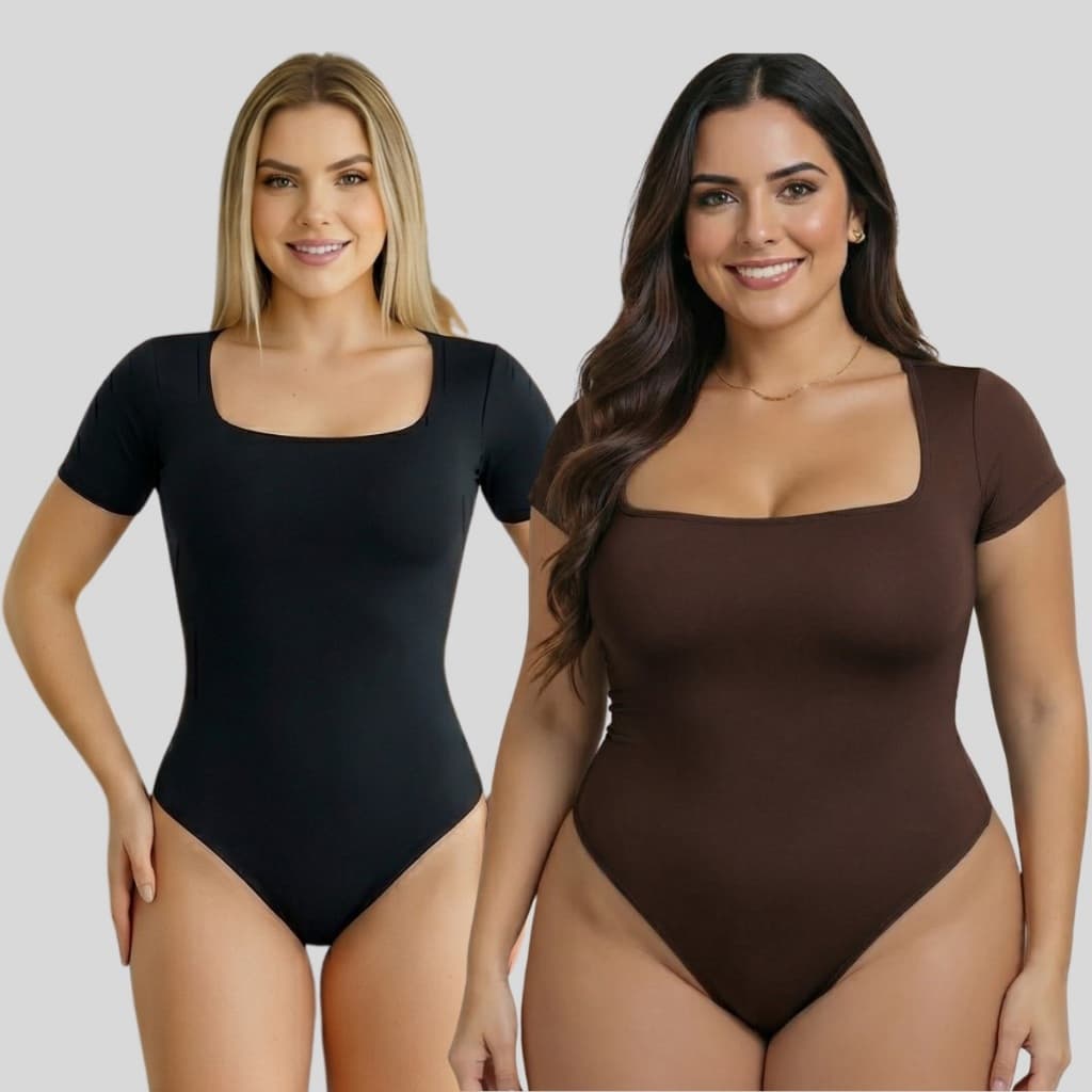 Body Feminino Manga Curta Decote Quadrado 36 ao 50 Plus Size Forro Duplo Moda Blogueira Tendência Suplex Premium