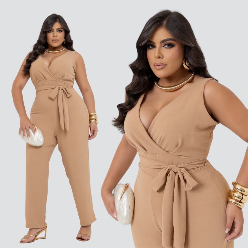 Macacão Longo Feminino Plus Size Duna Premium Decote V Transpassado Elegante Confortável