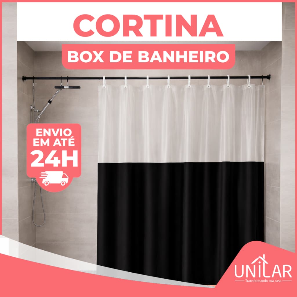 Cortina Box Para Banheiro Anti Mofo Com Ganchos e Visor Transparente