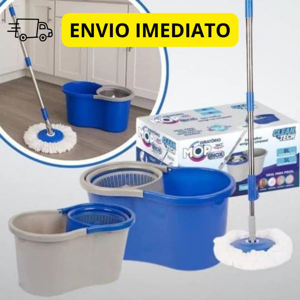 Mop Esfregão Giratório com Balde Centrifuga Cabo Regulável 8 Litros