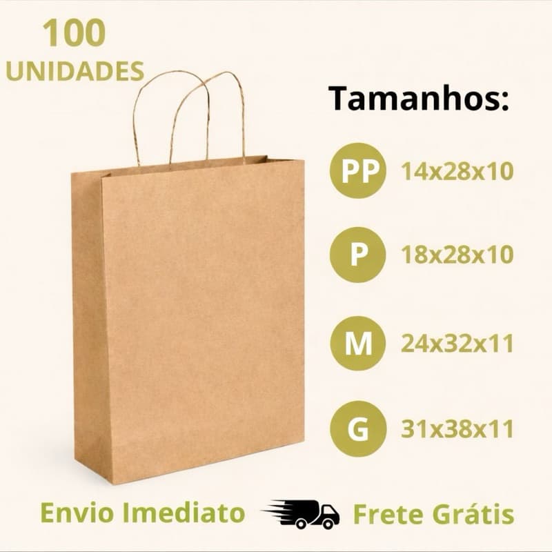 Sacola Papel Kraft 80g | Pacote c/ 100 Unidades | Escolha Seu Tamanho