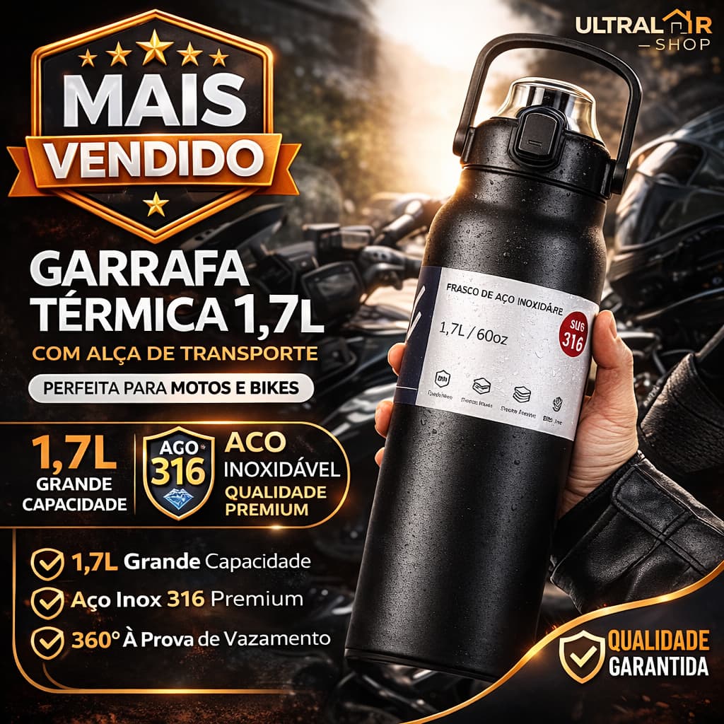 Garrafa Térmica Aço Inoxidável 1700, 900ml Prática Versátil Fácil Alça Para Transporte Com Canudo