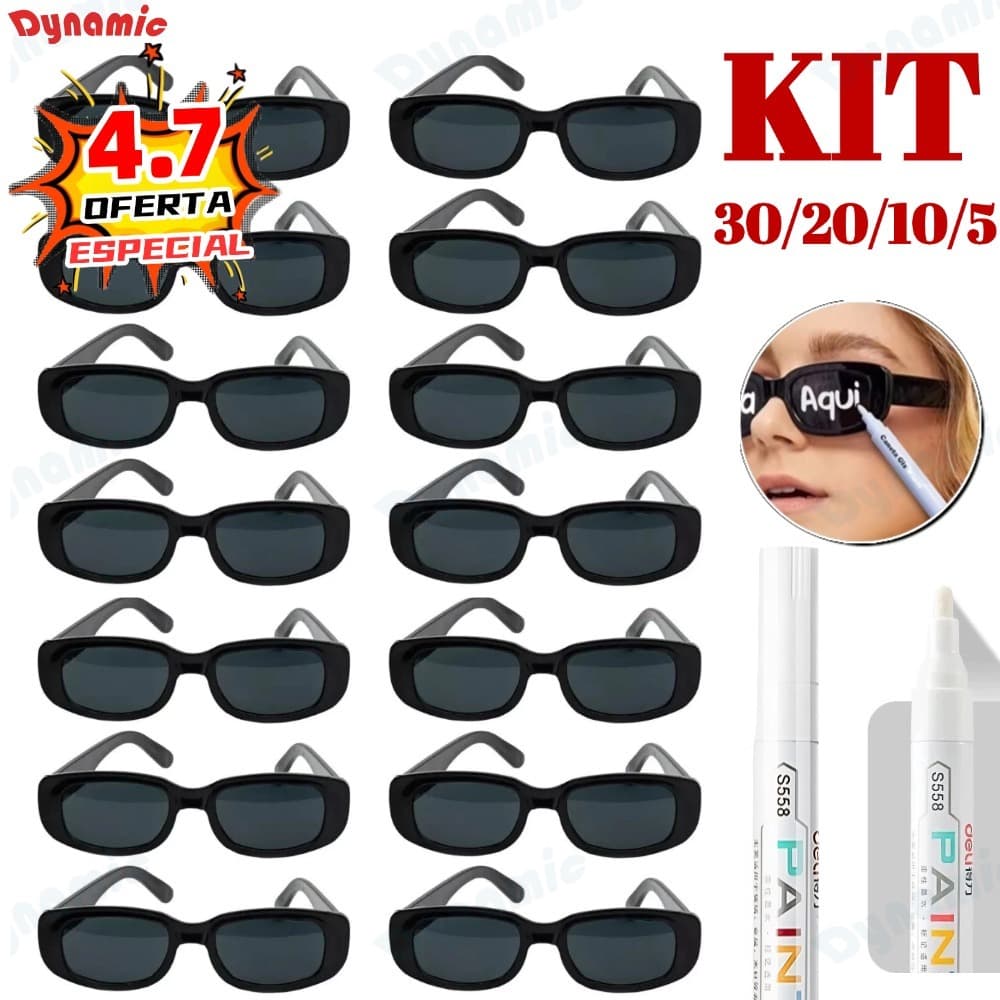 Kit 30/20/10/5 Oculos Vintage Retro Preto Liso + Caneta Giz Festa Casamento Evento Balada Despedidas Cor Preto