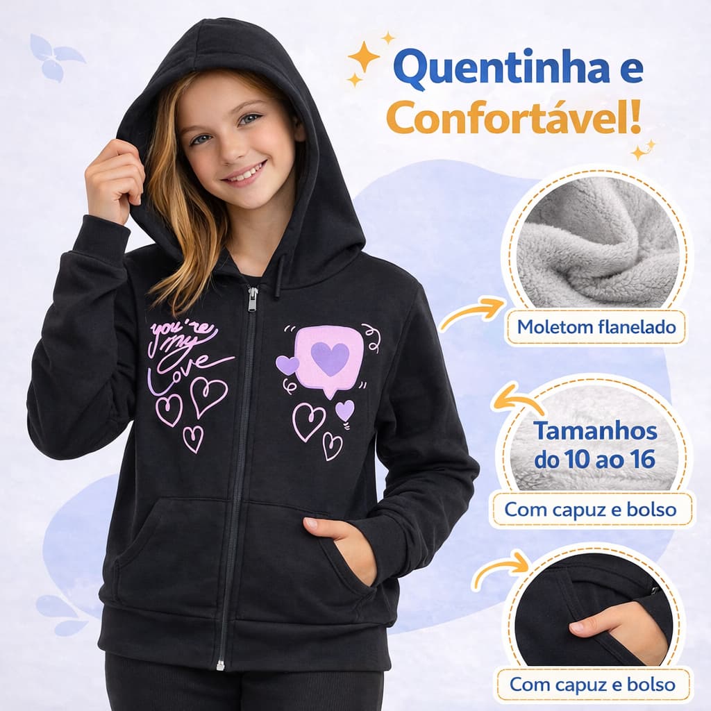 Casaco Feminino Juvenil Moletom Capuz Bolso Ziper e Estampa  3181-A