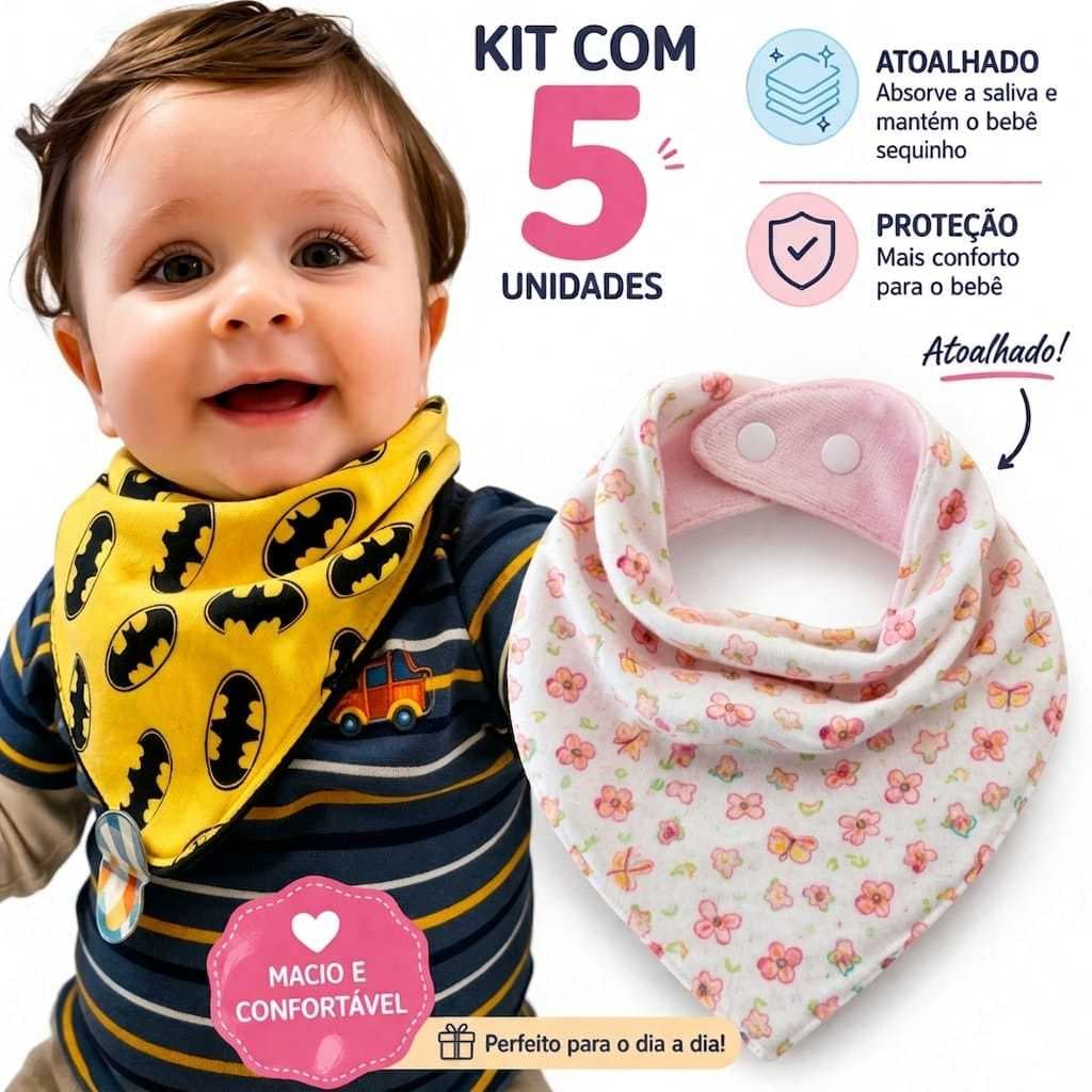 kit 5 Babador bandana Atoalhado Bebê Menina ou Menino