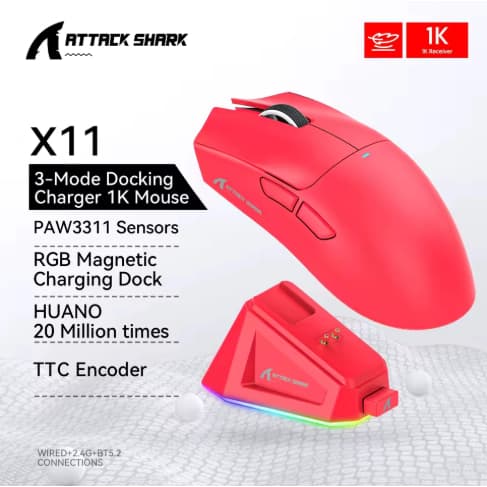 ORIGINAL Mouse ATTACK SHARK X11 com Base de Carregamento Sensor PAW3311 Mouse Gamer sem Fio