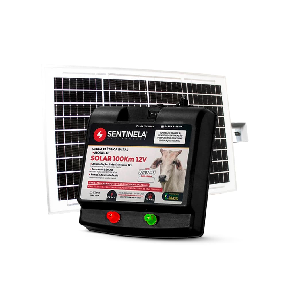 Eletrificador Aparelho de Choque Com Painel Solar 20 Watts E bateria 7 Amperes Sentinela ST 100 km
