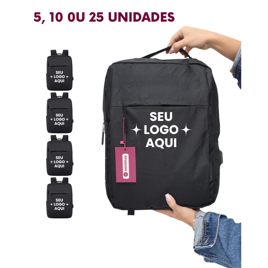 5, 10 ou 25  Mochilas USB preta personalizadas brinde Mochila com logo - MINIMAY
