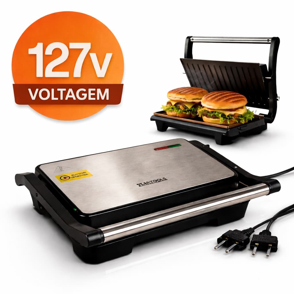 Sanduicheira Elétrica Grill Prensa Chapas Duplas Antiaderente Profissional Multiuso 1000W Inox 127v