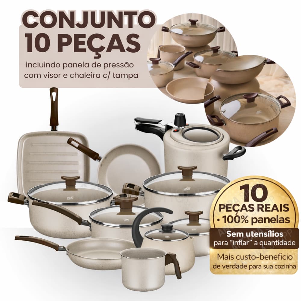 Kit Jogo de 10 Panelas c/ Tampa Baunilha Panela de Pressão com Visor Frigideira Leiteira Bistequeira