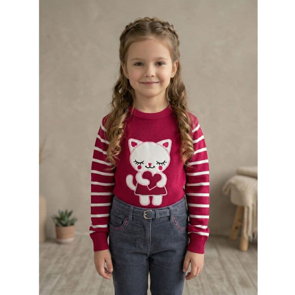 Blusa Tricot Infantil Rosa Gatinho Coração Quentinha para frio (Patria Kids)