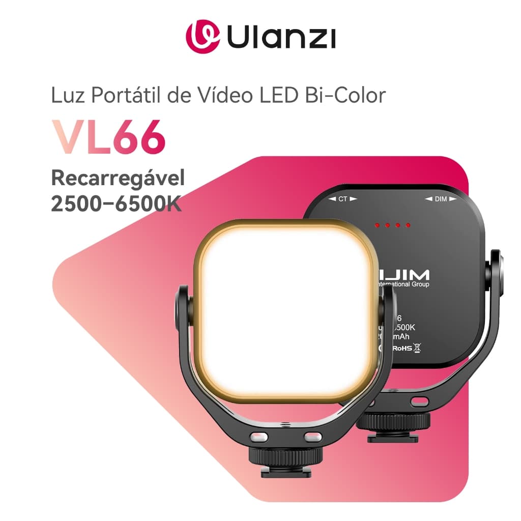 ULANZI VL66 Luz de Vídeo LED Bi-Color 2500–6500K, Mini Portátil Recarregável 2000mAh, CRI95+