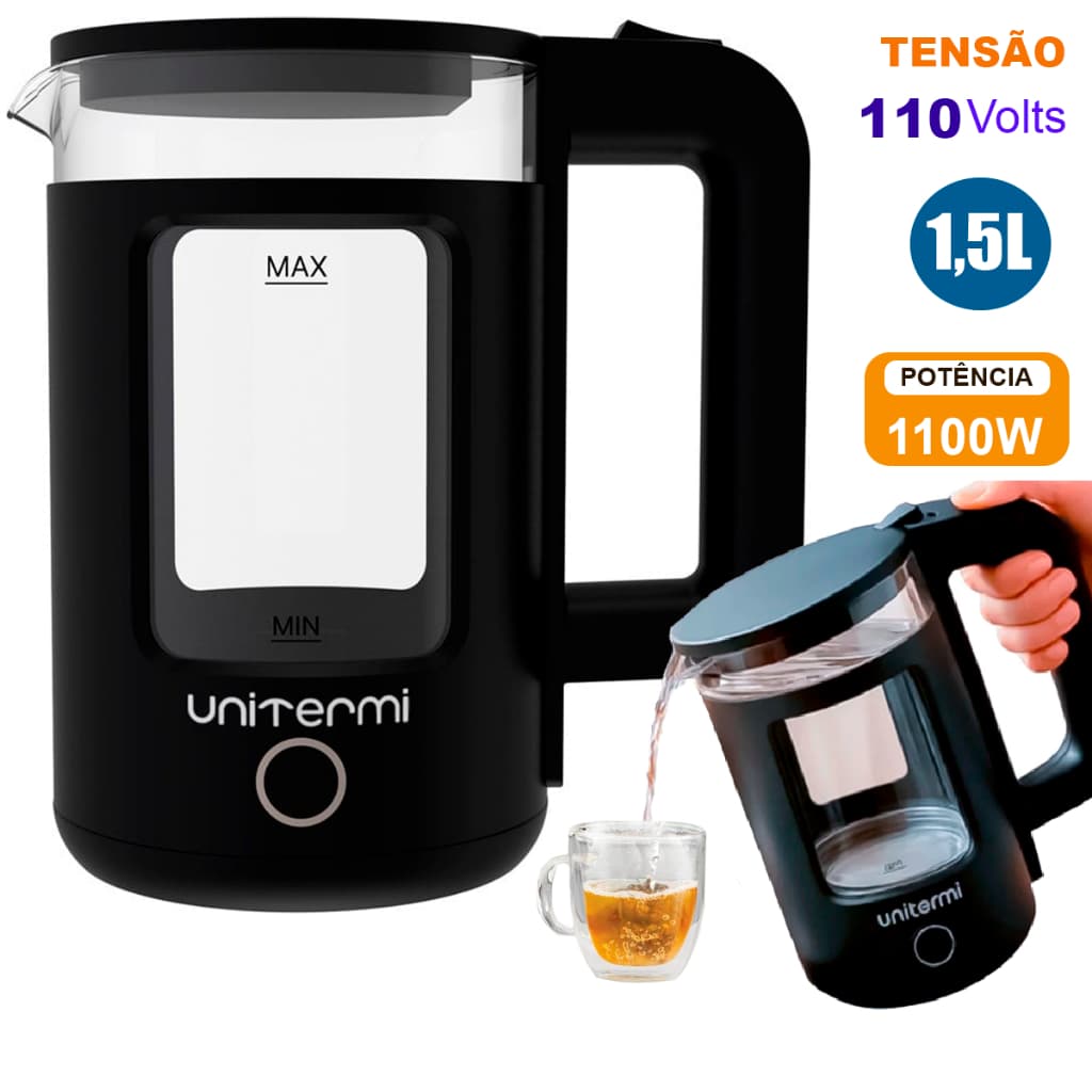 Chaleira Térmica 1,5L Elétrica de Vidro Com Desligamento Automático 1100W 110V Unitermi Mali Preta