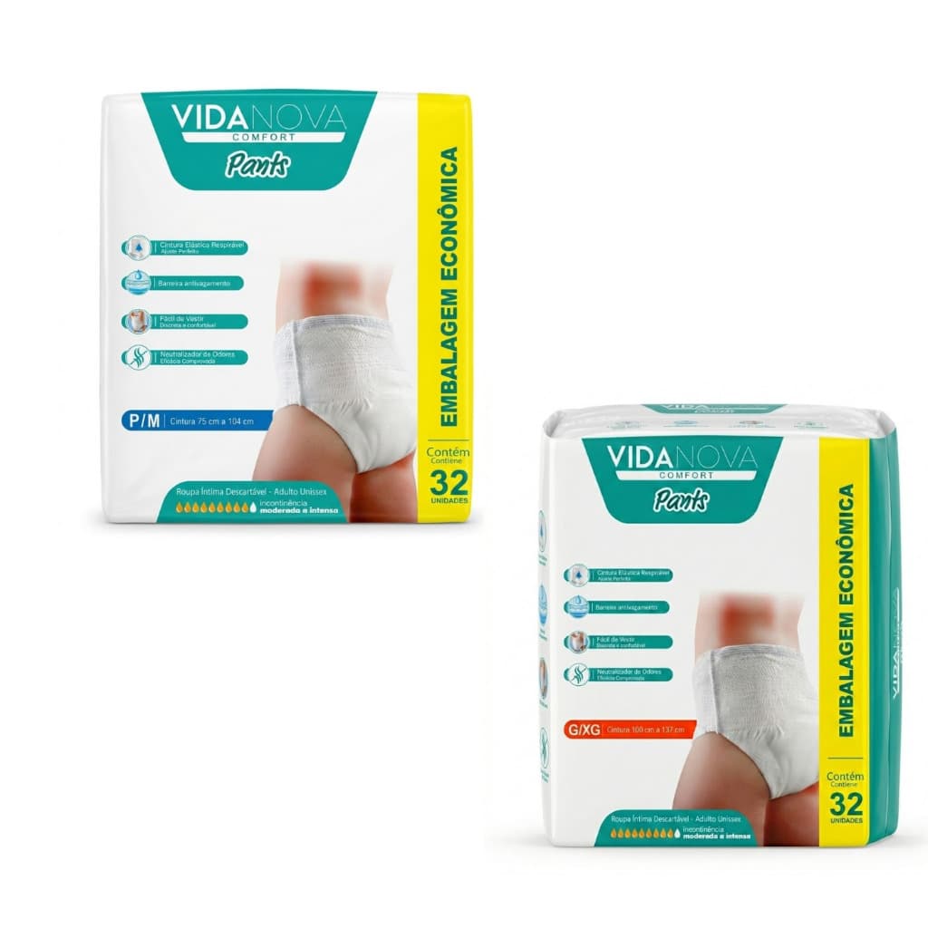 Fralda Geriátrica Adulto Vida Nova Comfort Pants Hiper | Tamanhos P/M e G/XG | 32 Uniddades | Discreta e Unissex