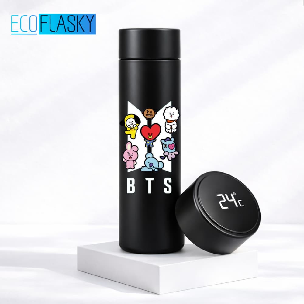 Garrafa Térmica de Água BTS Kpop Aço Inox Estampada Medidor Temperatura Termometro LED Digital 500ml