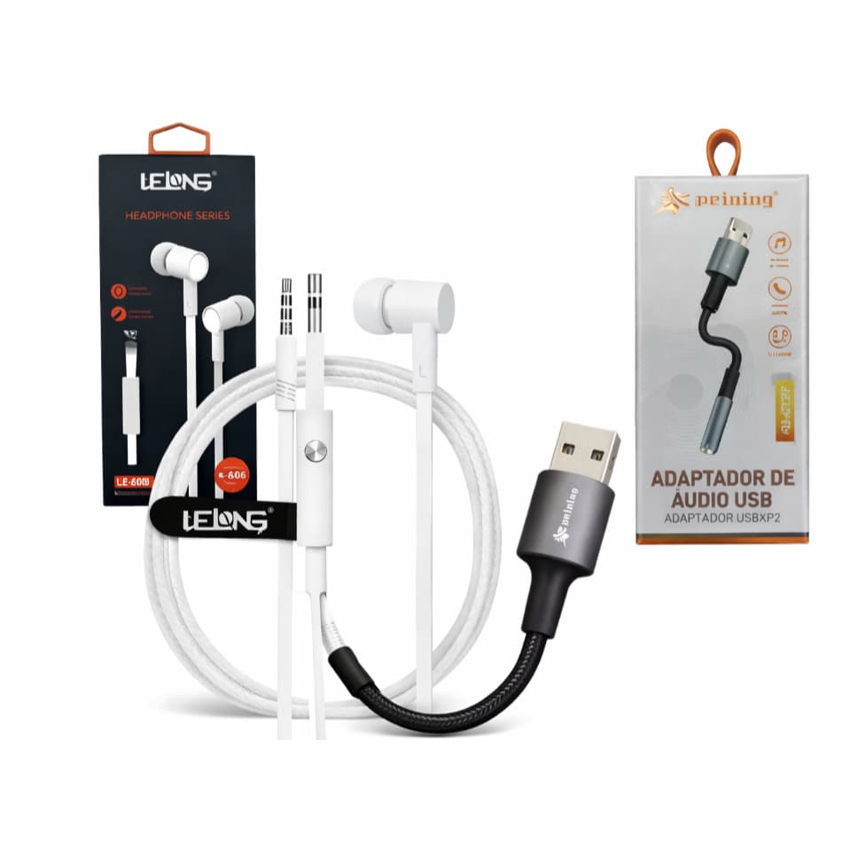Kit Placa de Som Adaptador de Áudio USB X P2 3.5MM + Fone de Ouvido com Fio P2 Som Estéreo e Microfone integrado