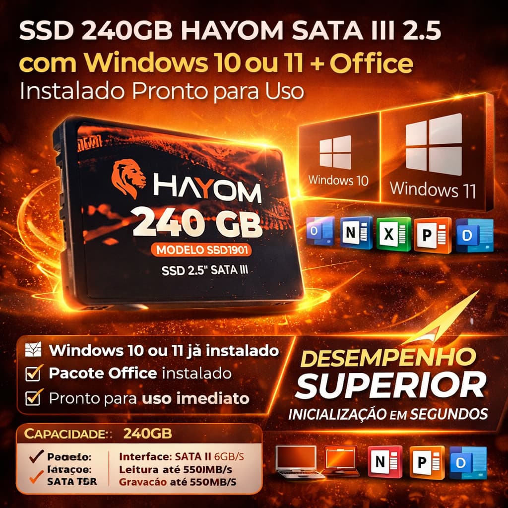 SSD 240GB HAYOM SATA III 2.5 com Windows 10 ou 11 + Office Instalado Pronto para Uso